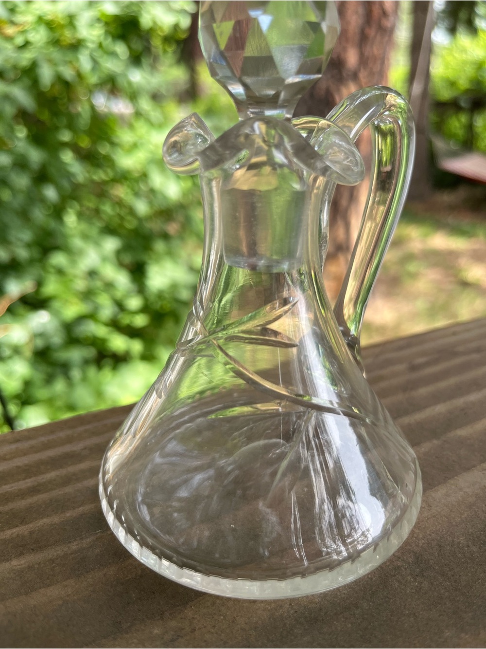 Vintage Etched  Cruet Jar with Leaf Etching and Crystal Faceted Stopper